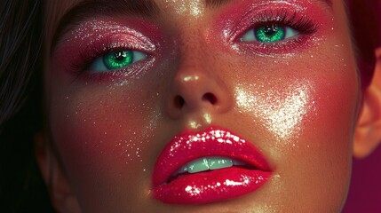 A striking close-up of a model's face adorned with bright pink glittering makeup, featuring mesmerizing turquoise eyes and luscious glossy lips shimmering in the light.