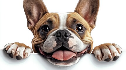 A cheerful French Bulldog peers over a partition, showcasing its playful expression and endearing features, radiating charm and joy in a delightful manner.