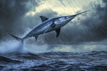 Obraz premium Dramatic leap of a marlin in stormy waters during twilight hours