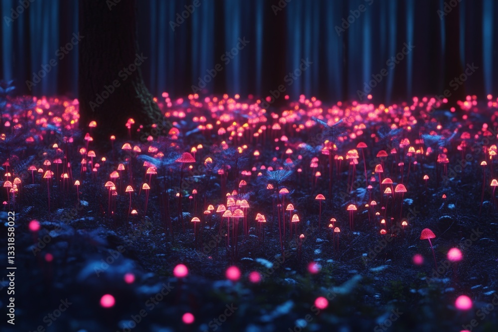 Aufkleber vibrant bioluminescent mushrooms illuminate a dark forest in an enchanting twilight setting