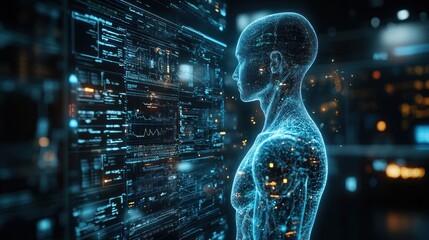 Digital human analyzing data on futuristic interface in tech lab with server racks