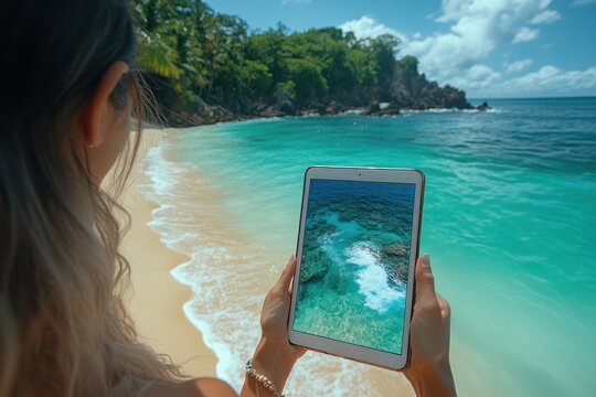 Woman Reading Travel Blog on Tablet at Relaxing Beach Paradise