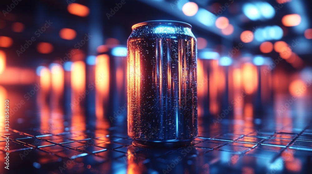 Poster A reflective can of beverage stands alone against a backdrop of shimmering lights in a contemporary industrial environment. The atmosphere is vibrant with an array of colors.