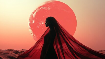 This image captures a striking silhouette of a woman with flowing fabric against a vividly colored red moon, symbolizing emotion and mystery in an ethereal landscape.