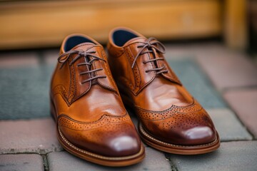 Elegant brown leather dress shoes displayed on a cobblestone surface with natural lighting creating a sophisticated appearance