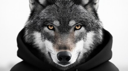 The striking image features a realistic wolf wearing a black hoodie, ingeniously blending animal and human elements to create an engaging, modern visual statement.