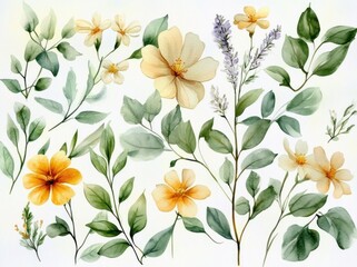 Obraz premium Watercolor botanical flowers and herbs arrangement daisies calendula lavender eucalyptus clipart
