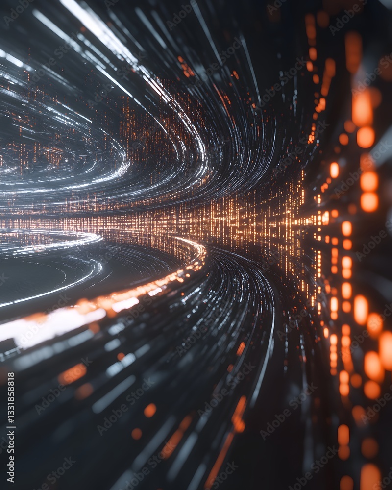 Poster abstract digital landscape with swirling light trails and glowing particles creating a futuristic sc