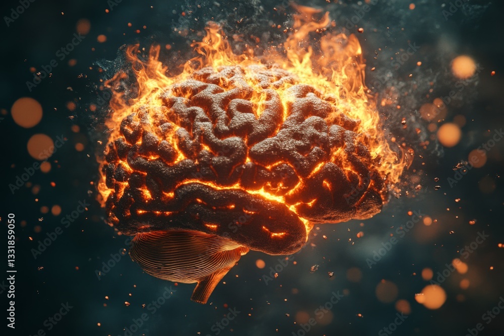 Poster flaming brain representing intense creativity and inspiration in a dark, atmospheric setting