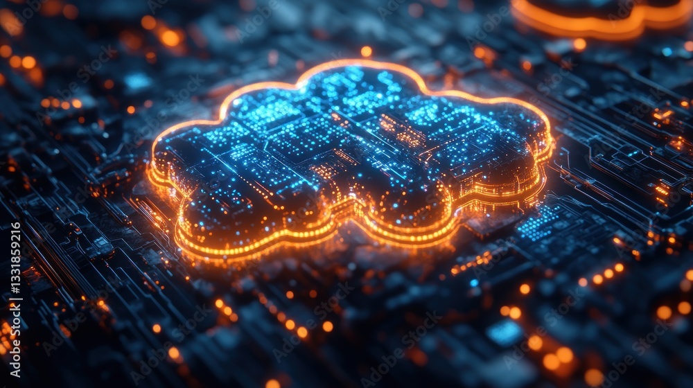 Poster Cloud Computing Digital Network with Icons for Data Sharing, Global Business, Cybersecurity, and Smart Work in Futuristic Style