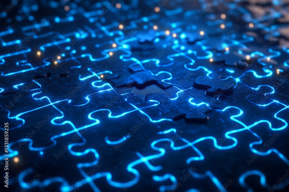 Poster Neon illuminated puzzle pieces scattered on a dark surface creating a captivating visual effect at night