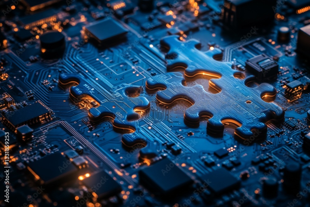 Poster intricate circuit board with illuminated details showcasing technology and innovation at night