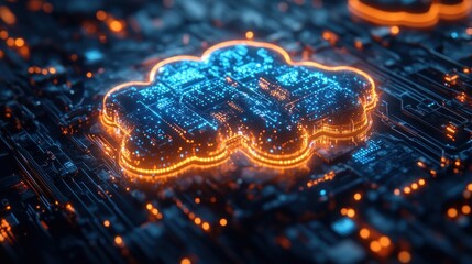 Cloud Computing Digital Network with Icons for Data Sharing, Global Business, Cybersecurity, and Smart Work in Futuristic Style