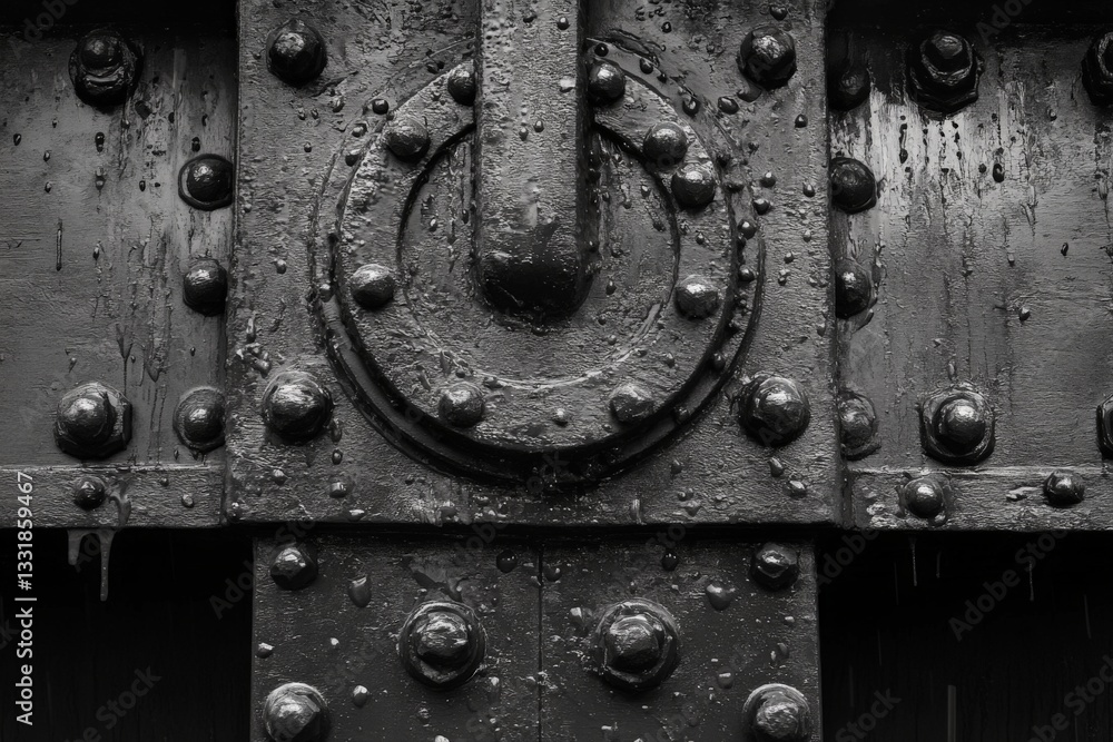 Poster black metal machinery detail showing rivets and a circular handle with rain droplets captured in a c