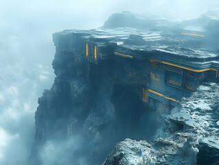 Fototapeta premium Futuristic structure on a misty cliff
