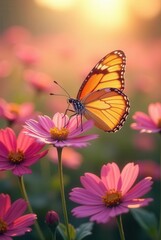 Naklejka premium Golden butterfly perched gently on a vibrant pink cosmos flower at sunset, surrounded by a field of blossoming flowers