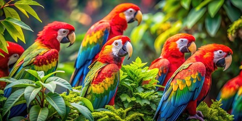 Vivid Parrots in Lush Greenery: A Macro Photography Collage of Avian Elegance