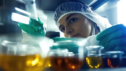 An intense focus on a scientist demonstrates dedication in a laboratory setting. Surrounded by various colored liquids, the image captures the essence of scientific exploration.