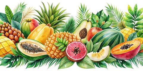 Watercolor Tropical Fruit Banner Design with Customizable Text Space for Summer Events, Party Decor, and Fresh Fruit Promotions