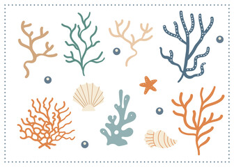 Hand-drawn seaweed and coral set in a minimalist style. Vector cute cartoon illustration