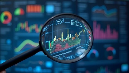 A magnifying glass focuses on colorful financial graphs and data, showcasing analysis and market trends against a digital backdrop.