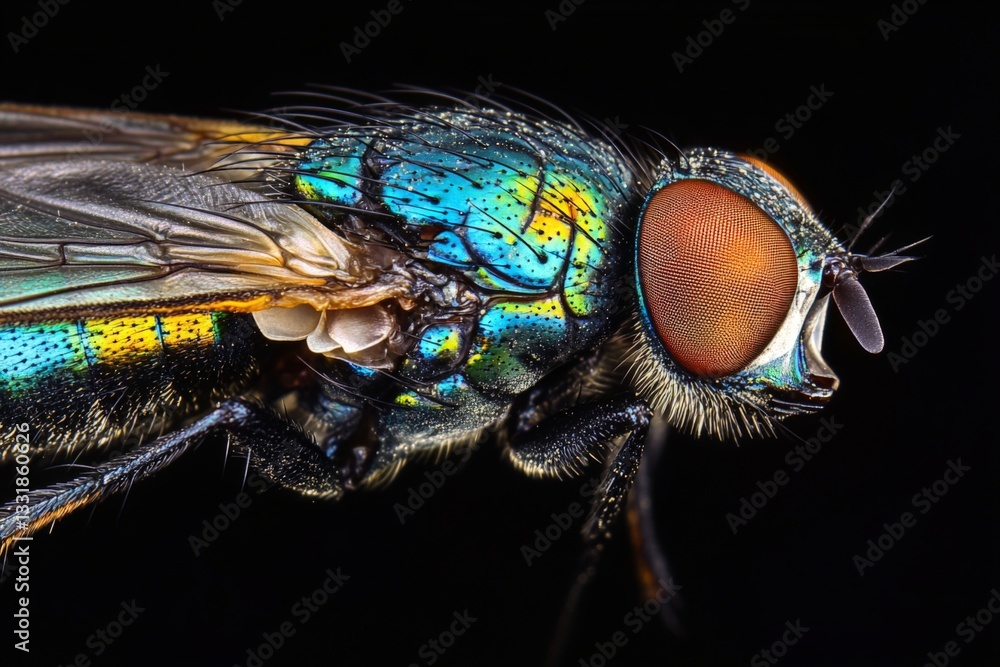 Poster Detailed close-up of a colorful fly showcasing intricate features and vibrant colors in a dark setting