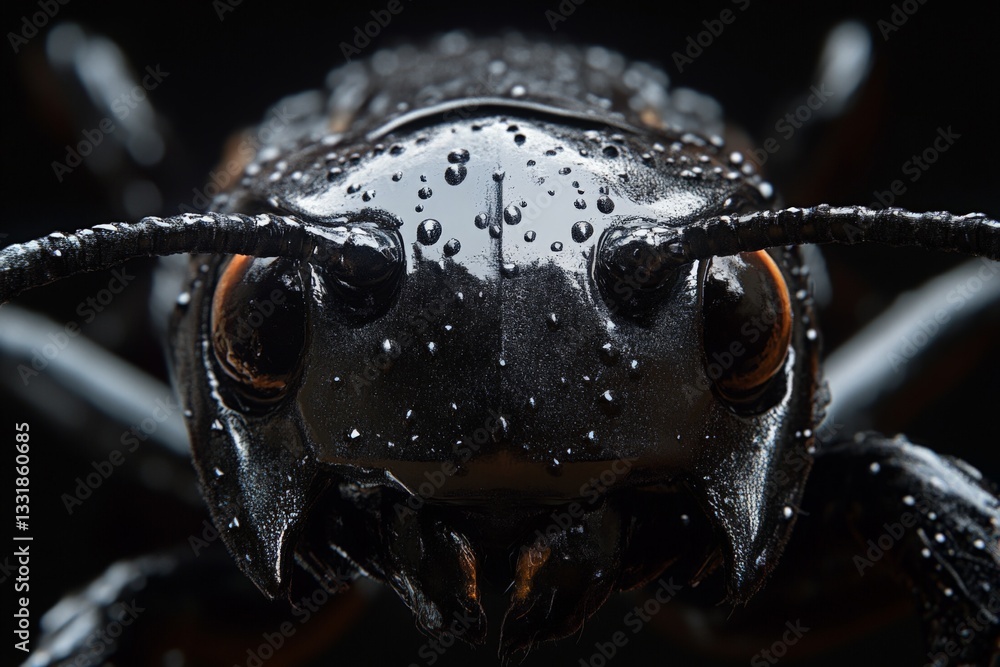 Poster close-up view of a shiny black ant with droplets captured in high detail at dusk