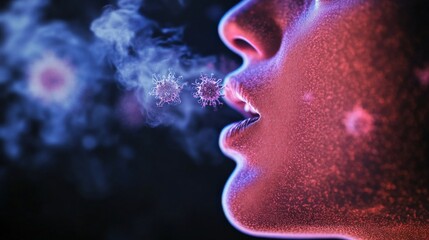 The artistic portrayal of a woman exhaling viral particles elegantly captures the intricate dance between humanity and unseen health threats in a vibrant manner.
