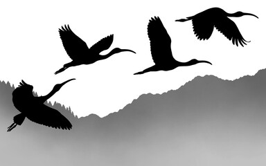 Scarlet ibises flying over mountains isolated on transparent background, silhouette illustration, Japanese style illustration