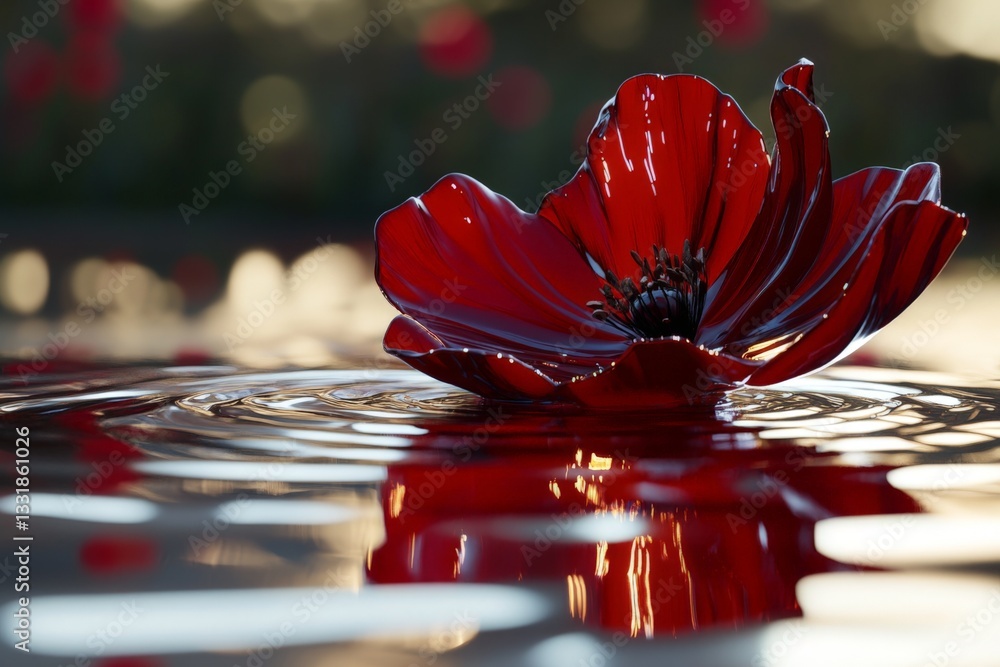 Poster vibrant red flower floating on calm water surface reflecting soft light at golden hour