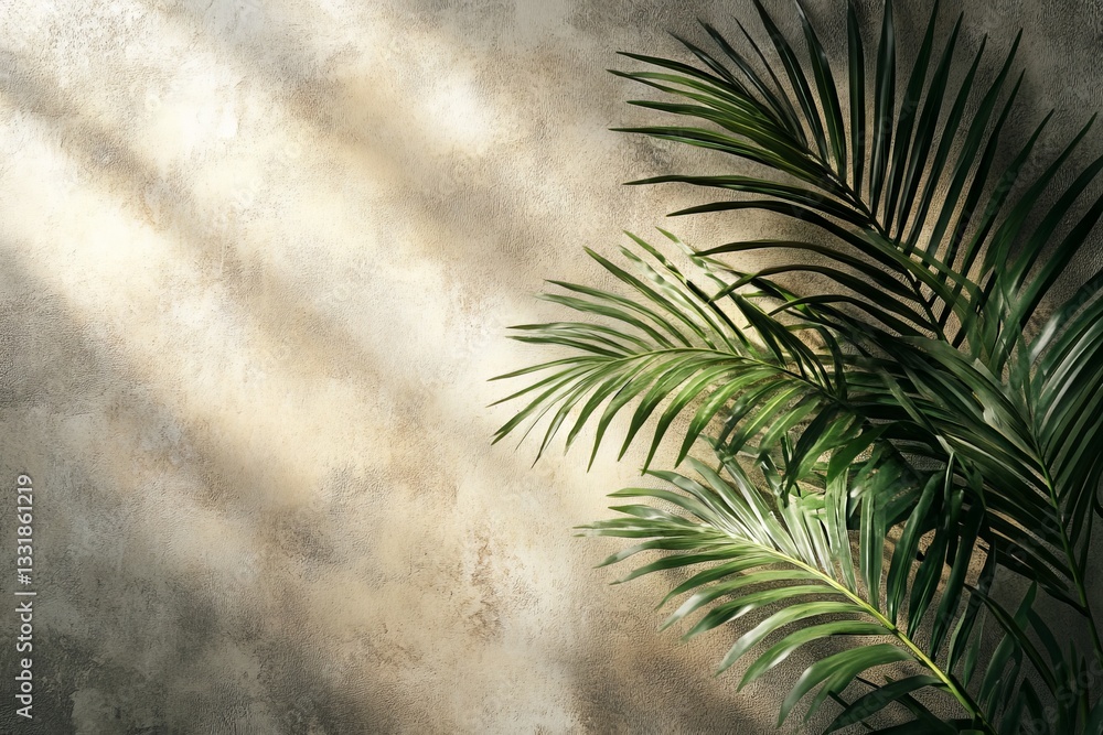 Poster Sunlight streaming through leaves creates a serene atmosphere in a cozy indoor setting with textured walls