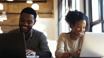 Two diverse students engaged in focused work on laptops in a modern cafe setting, encapsulating the spirit of collaboration, creativity, and academic pursuit in a cozy atmosphere.