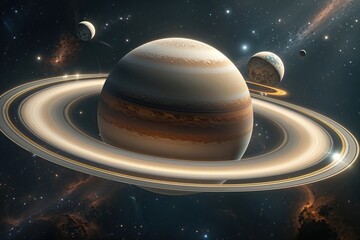 Stunning Planet Surrounded by Luminous Rings and Moons Against a Cosmic Background