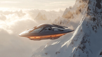 Obraz premium Futuristic spaceship flying over snowy mountain landscape ufo art view cold grey dark craft scene