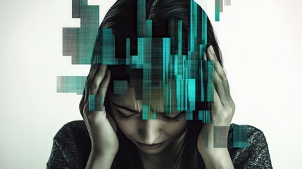 An evocative image depicting a woman holding her head in distress; digital fragments overlay her, symbolizing disconnection and the mental chaos of the modern world.