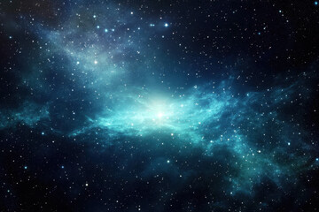 Fototapeta premium Universe background with a blue-green color scheme, nebula cloud pattern, glowing stars and twinkling light effects
