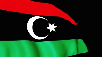 Libyan flag waving in 4K slow motion with red, black, and green stripes, white crescent, and star on a black background. Perfect for patriotic videos, national celebrations, and documentaries