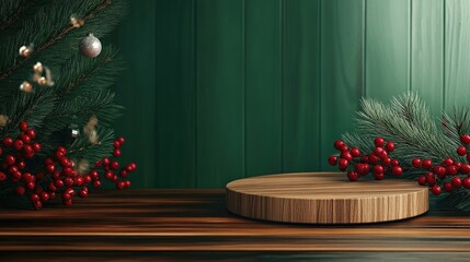 A warm, inviting setting showcasing a wooden display under a green wall adorned with festive decorations, portraying the essence of holiday cheer and celebration.
