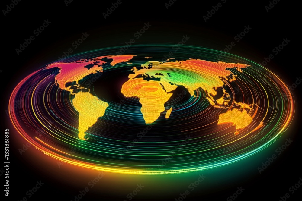 Aufkleber colorful digital world map with circular motion effects showcasing vibrant continents and oceans in 