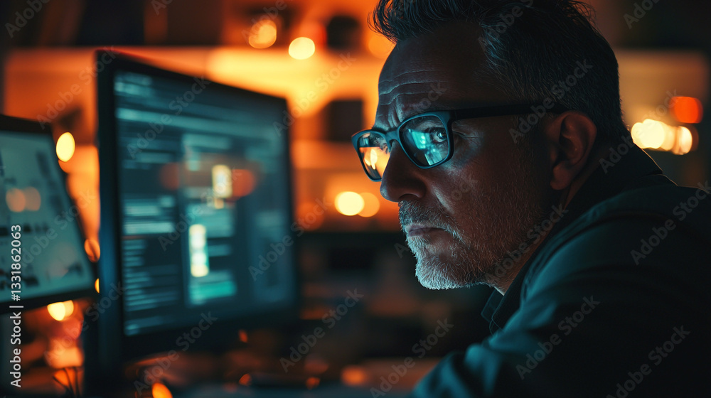 Poster focused programmer working late at night on computer code projects web man data blue dark cyber adul