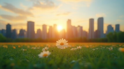 Sunset city park daisy field