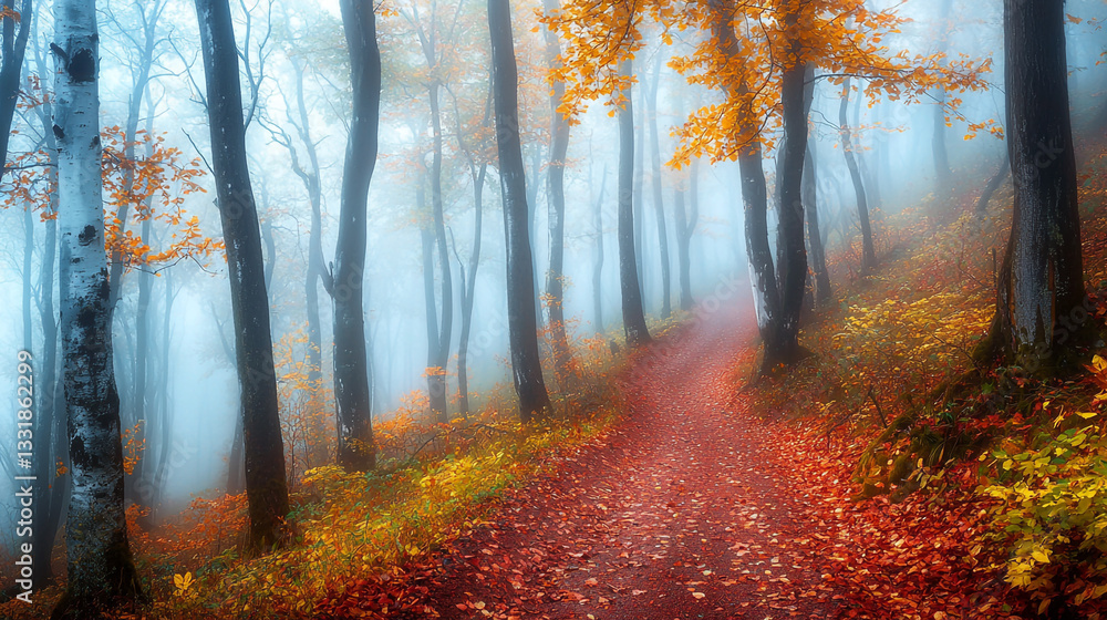 Poster misty autumn forest path with colorful leaves and trees fog red fall woods image nature scenic color