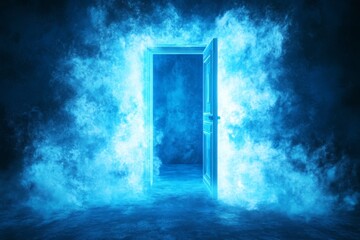 Mysterious blue doorway surrounded by glowing fog in a dark environment