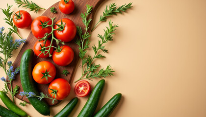 Organic Greek tomatoes with herbs and spices on wooden surface, perfect for Mediterranean cooking websites and healthy recipe blogs