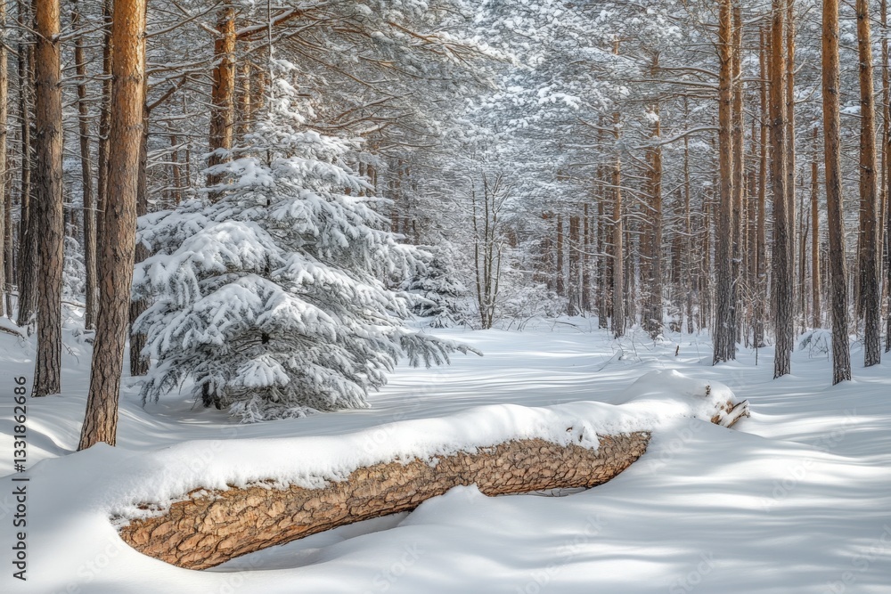 Poster snowy forest landscape with a fallen tree and snow-covered ground in winter