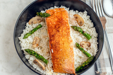 seasoned baked salmon  on white rice