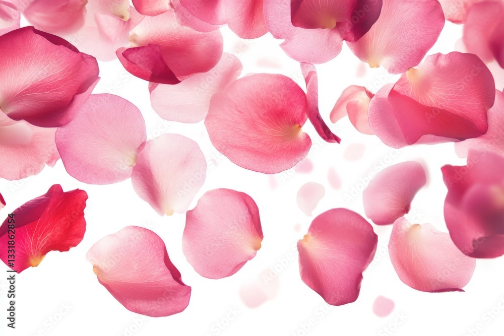 Poster petals fall gently creating a carpet of pink and red hues against a white background