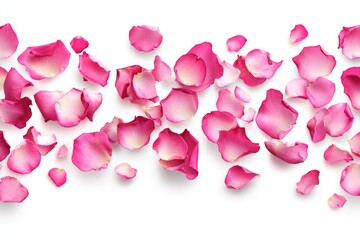 Delicate pink rose petals scattered on a white surface create a serene and romantic atmosphere