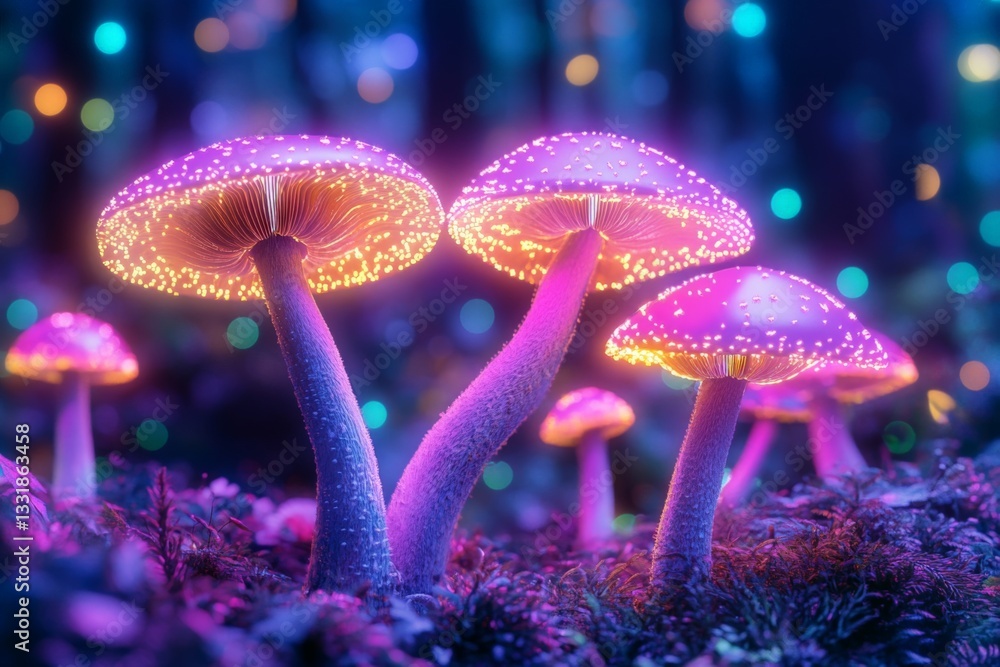 Aufkleber Glow of luminescent mushrooms in an enchanted forest during twilight hours