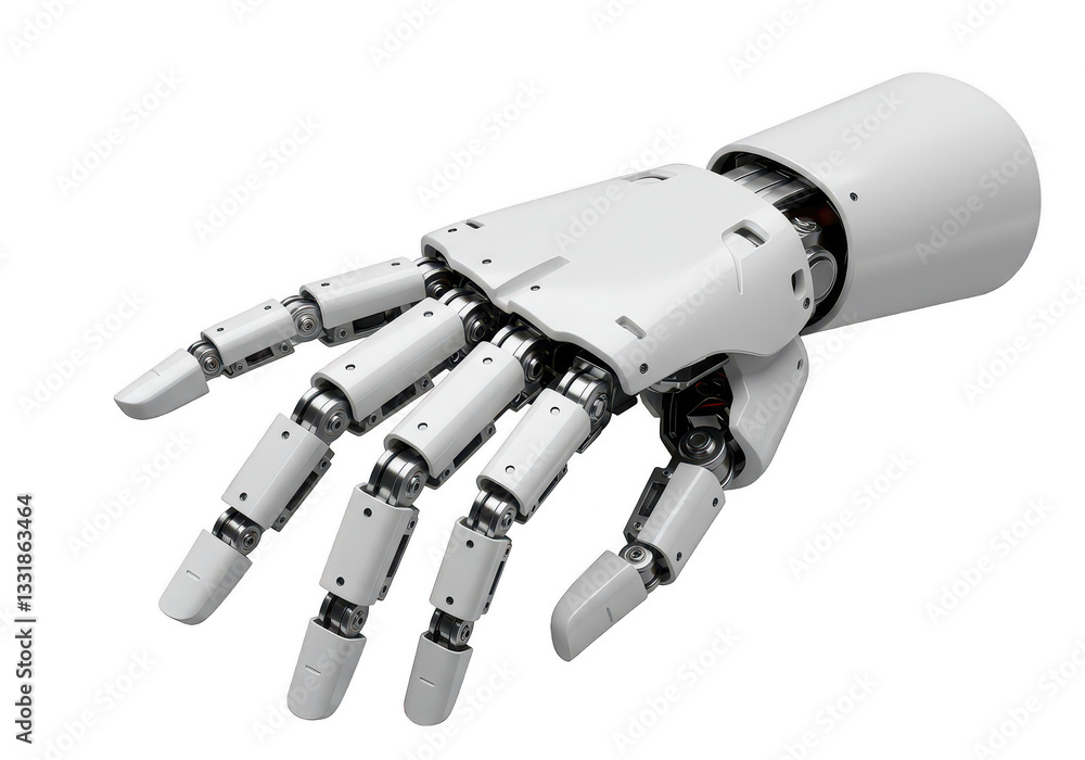 Poster a high-tech robotic hand made of white and silver metallic components isolate on transparent backgro